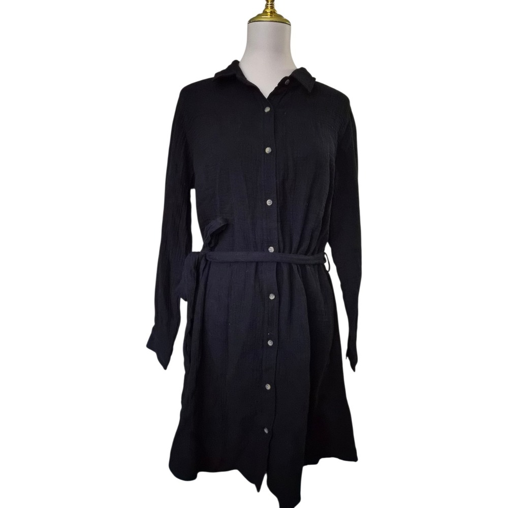C&C California Women's Black Button Front Shirt‎ Dress Tie Waist Cotton L NWT